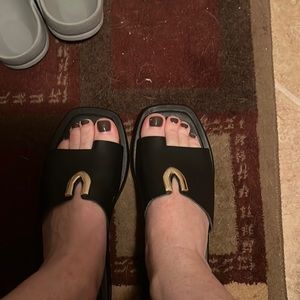 Black wedge heel slip on sandals